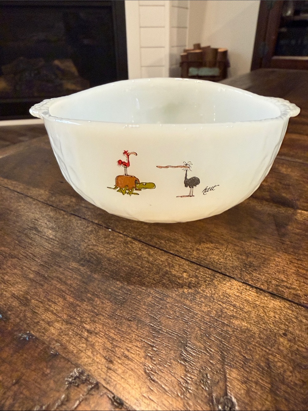 Vintage Fire King B.C. Comics Dinosaur Milk Glass  Handled Bowl Johnny Hart